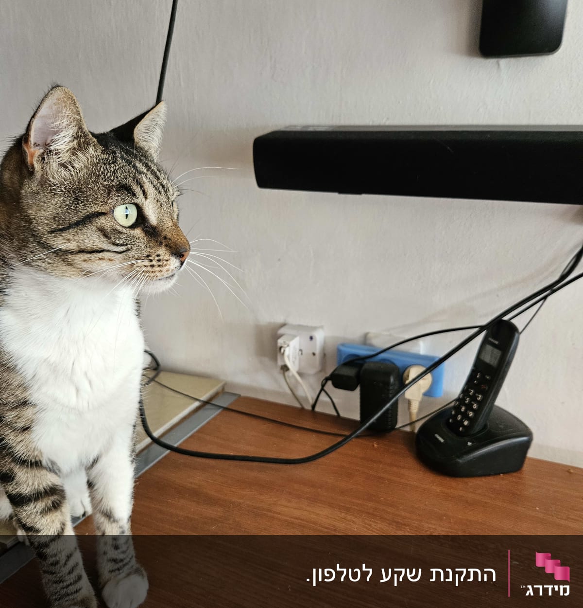 שקע חשמל עם כבלים מחוברים על שולחן עץ